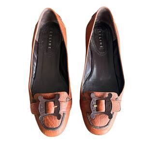 Celine Women’s Vintage Wooden Triomphe Cognac Brown Orange Leather Ballet Flat